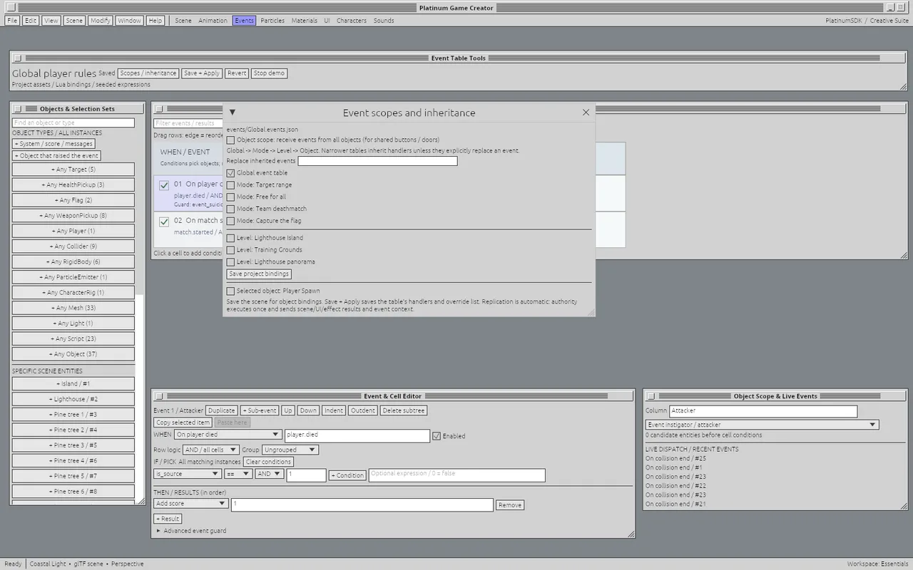 Scope and inheritance keep shared rules reusable while letting a scene or object add its own behavior.