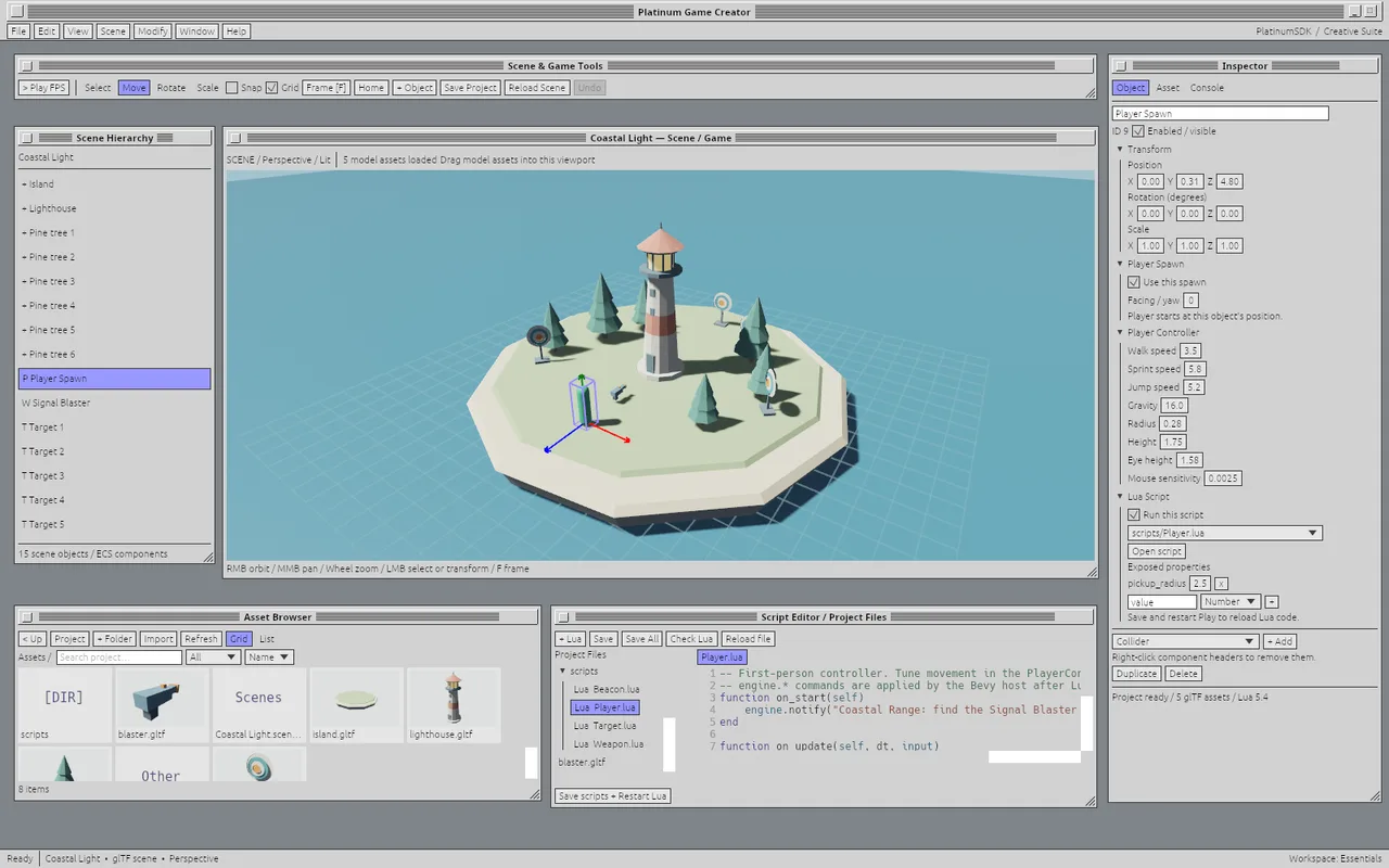 Platinum Game Creator scene editor, hierarchy and properties