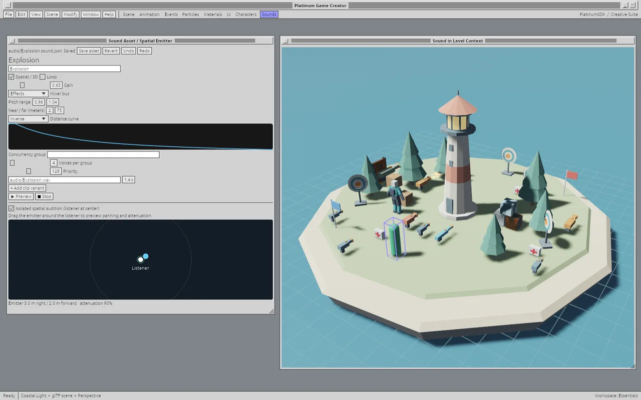 The sound editor keeps auditioning, attenuation and emitter behavior together.