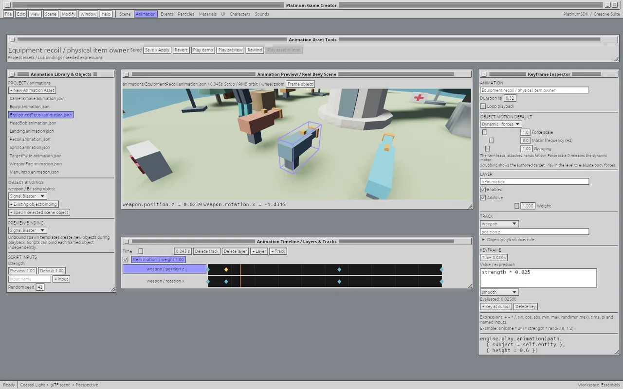 Animation assets can coordinate keyframes and presentation with item forces and grip ownership.