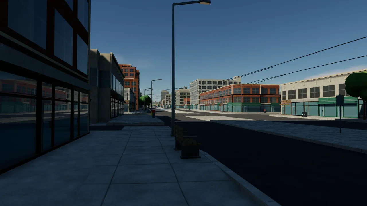 Street life / afternoon — Storefronts, street furniture, paving and overhead lines at walking pace.