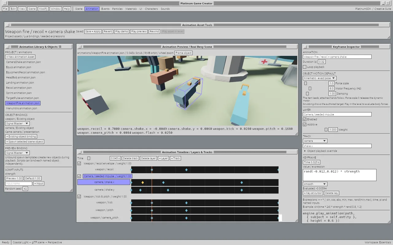 The animation timeline edits reusable motion data with the affected objects in view.