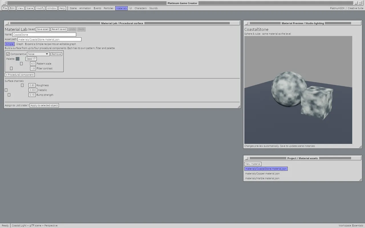 Material Lab’s direct workflow keeps the surface controls beside the preview.